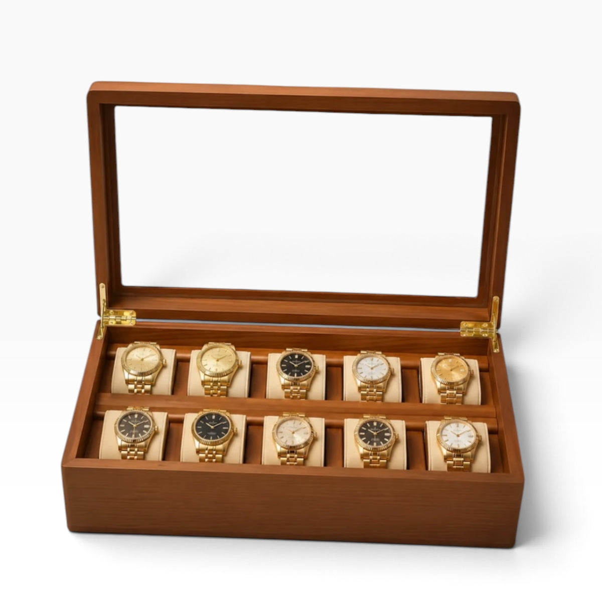 Boîte à montres en bois massif clair, ouverte avec 10 montres dorées