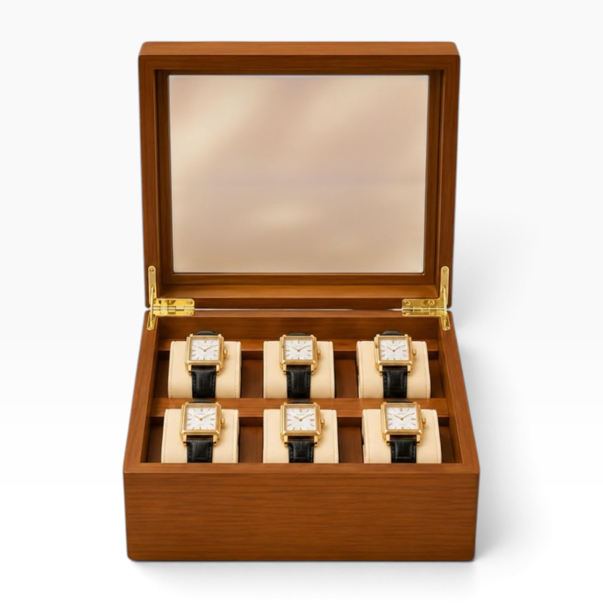 Boîte à montres en bois massif clair, ouverte avec 6 montres, couvercle vitré