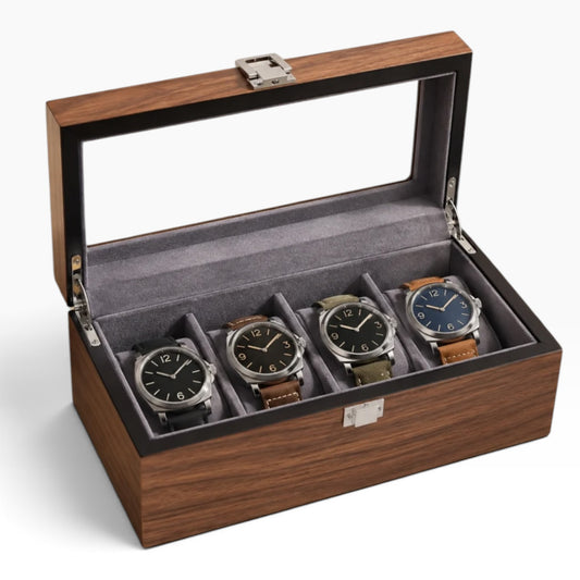 Boîte à montres en bois de noyer noir, ouverte avec 4 montres, couvercle vitré