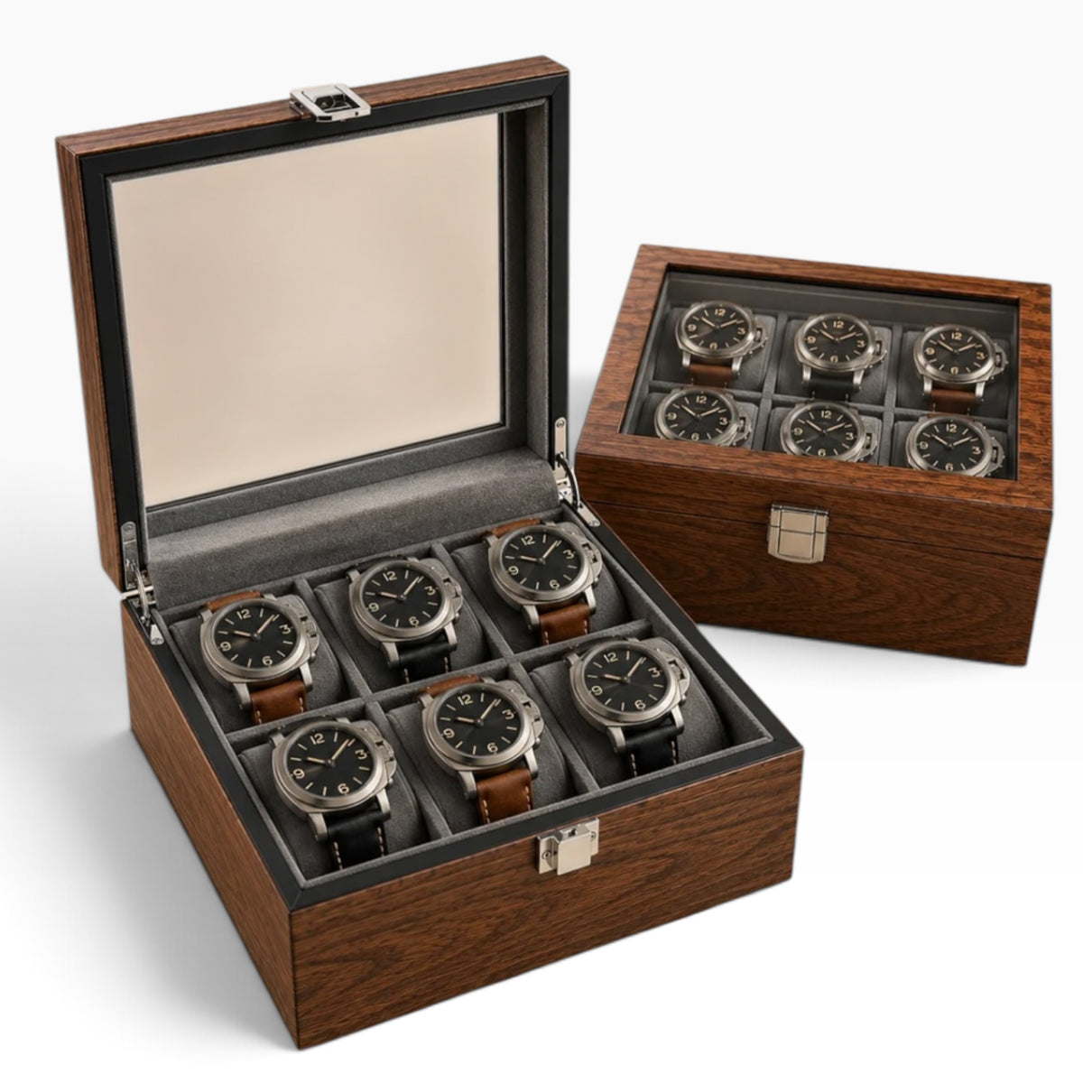 Boîte à montres en bois de noyer noir, ouverte avec 6 montres, avec une seconde boîte identique fermée à côté