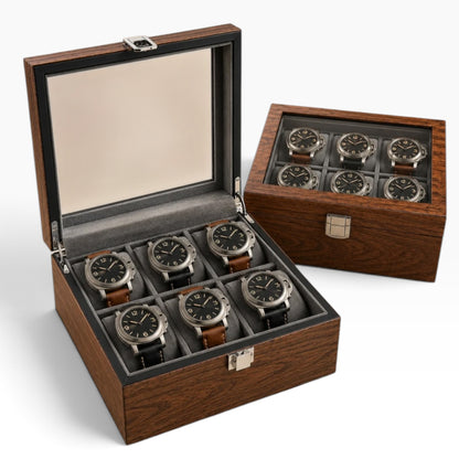Boîte à montres en bois de noyer noir, ouverte avec 6 montres, avec une seconde boîte identique fermée à côté