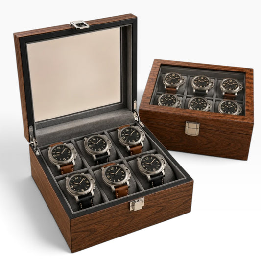 Boîte à montres en bois de noyer noir, ouverte avec 6 montres, avec une seconde boîte identique fermée à côté