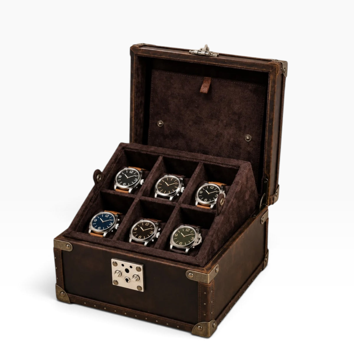 Malle à montres vintage en cuir marron ouverte avec 6 montres