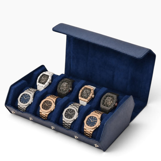 Boîte à montres en cuir bleu saphir ouverte avec 8 montres