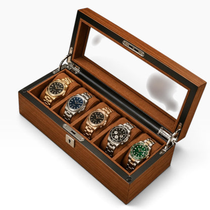 Boîte à montres en bois noyer ouverte avec 5 montres, couvercle vitré