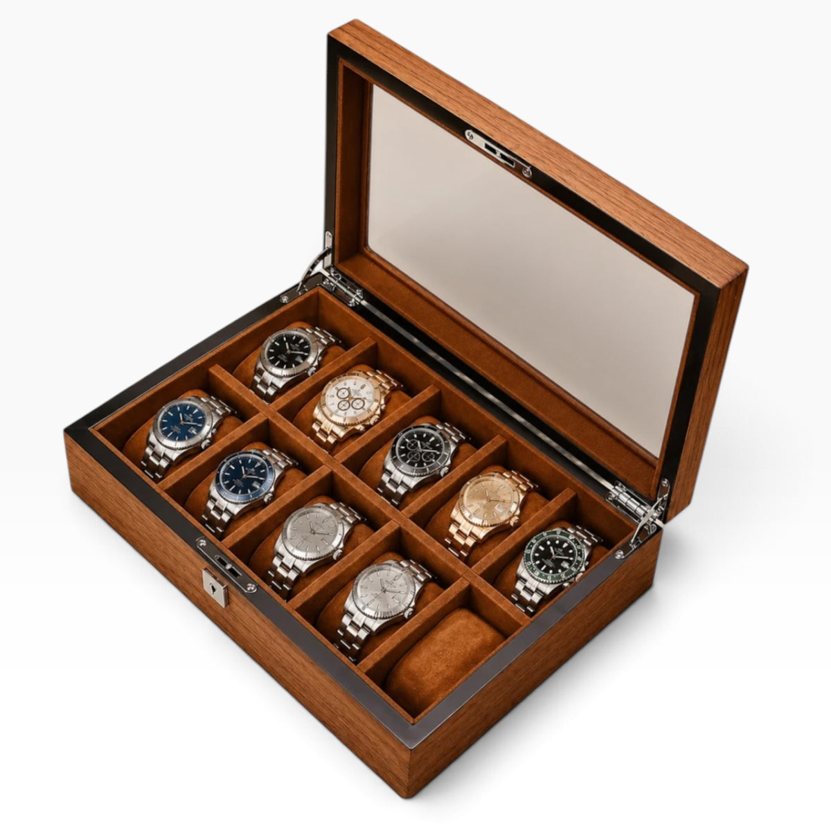 Boîte à montres en bois marron ouverte, 10 compartiments avec 9 montres