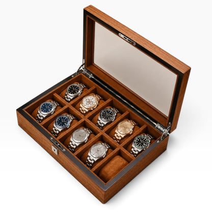 Boîte à montres en bois marron ouverte, 10 compartiments avec 9 montres