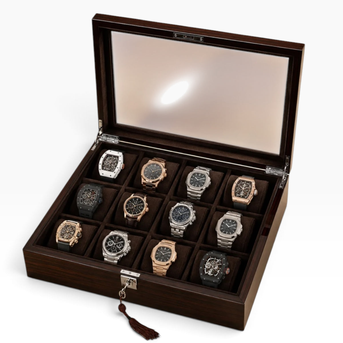 Boîte à montres en bois ouverte avec 12 montres