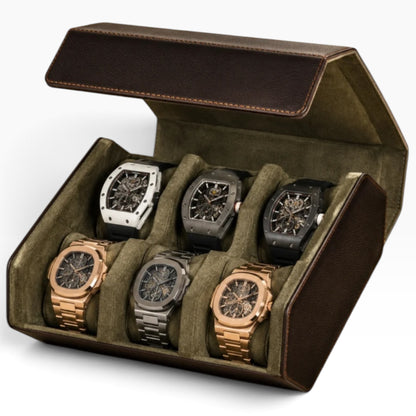 Boîte à montres en cuir véritable marron, ouverte avec 6 montres, compartiments individuels vert kaki