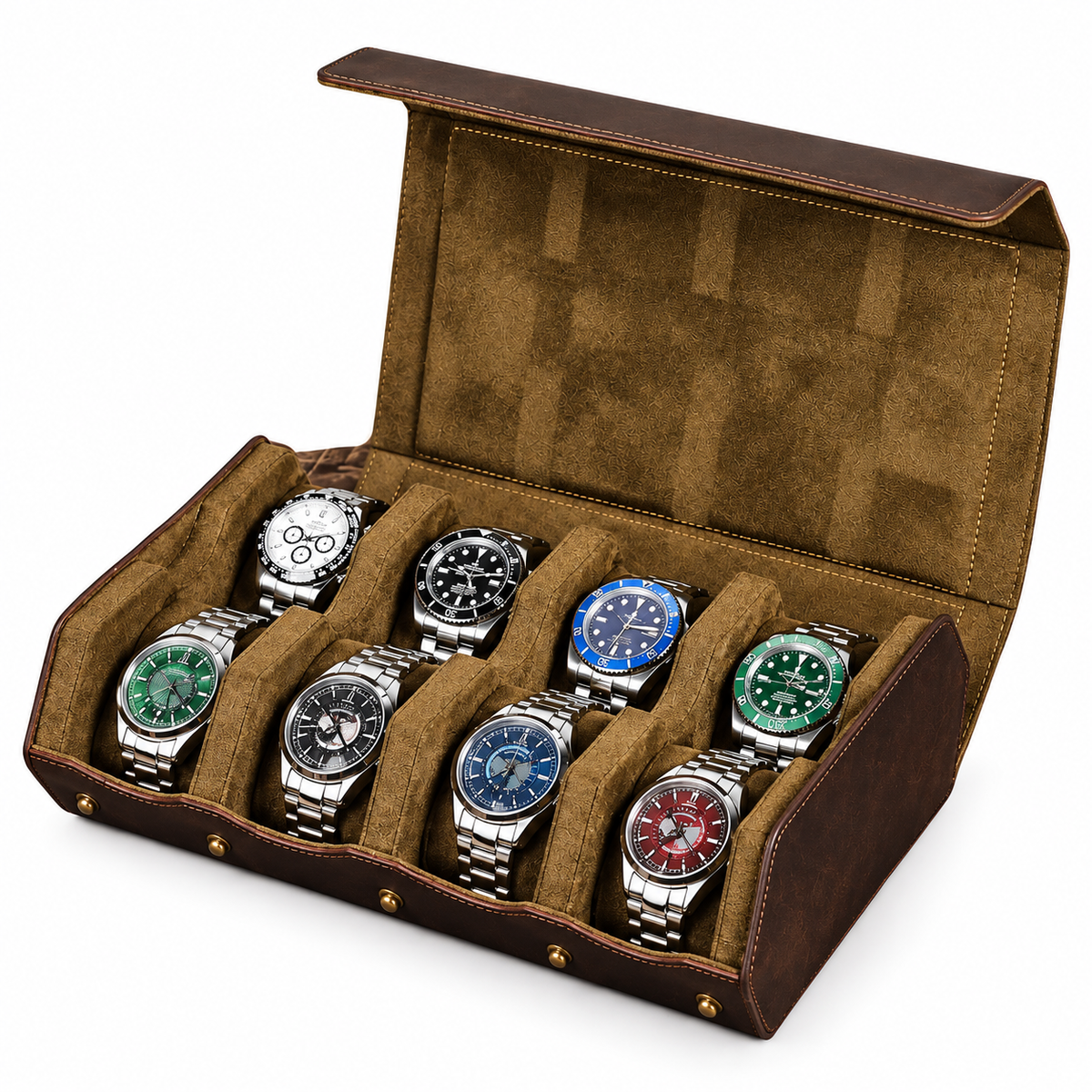 Boîte à montres en cuir Crazy Horse marron ouverte avec 8 montres