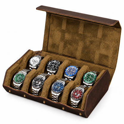 Boîte à montres en cuir Crazy Horse marron ouverte avec 8 montres