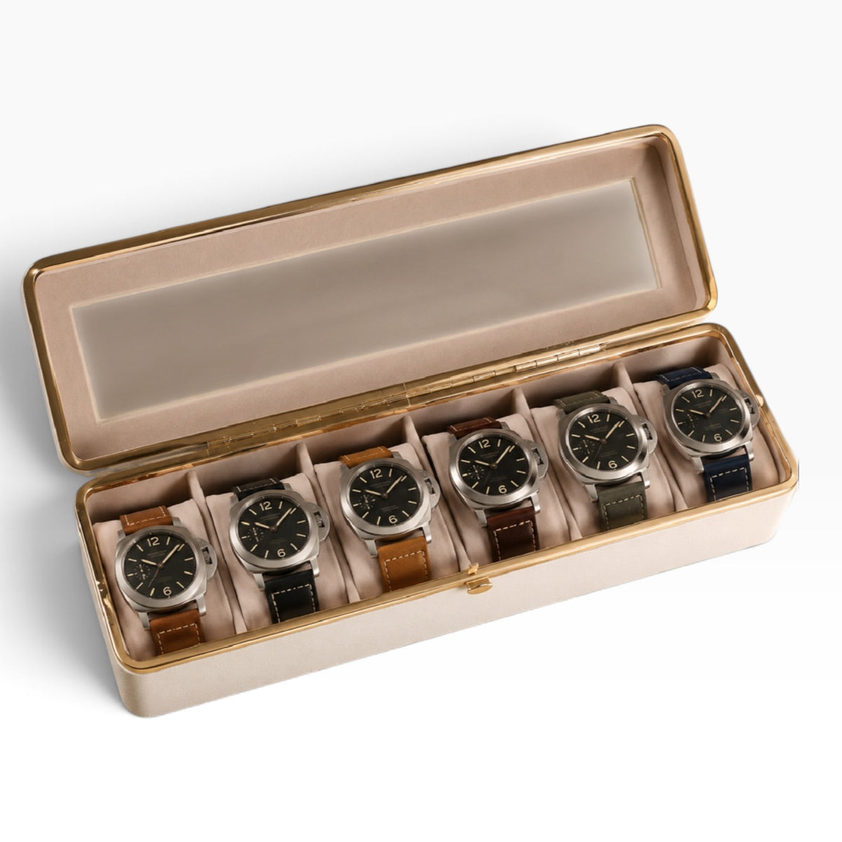 Boîte à montres en simili cuir blanc, ouverte avec 6 montres, couvercle vitré et bordures dorées