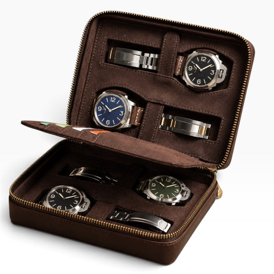 Étui à montre compact en cuir Crazy Horse marron 4 montres – BEN & CO