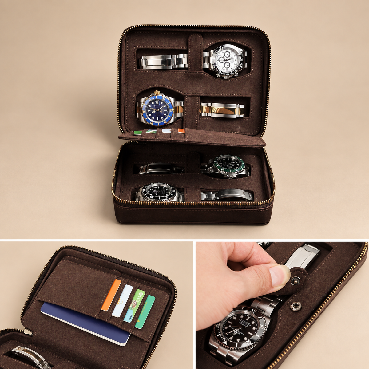 Étui à montre compact en cuir Crazy Horse marron 4 montres – vue 5