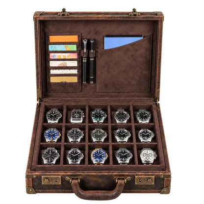 Boîte à montre en cuir Crazy Horse marron 15 montres – BEN & CO