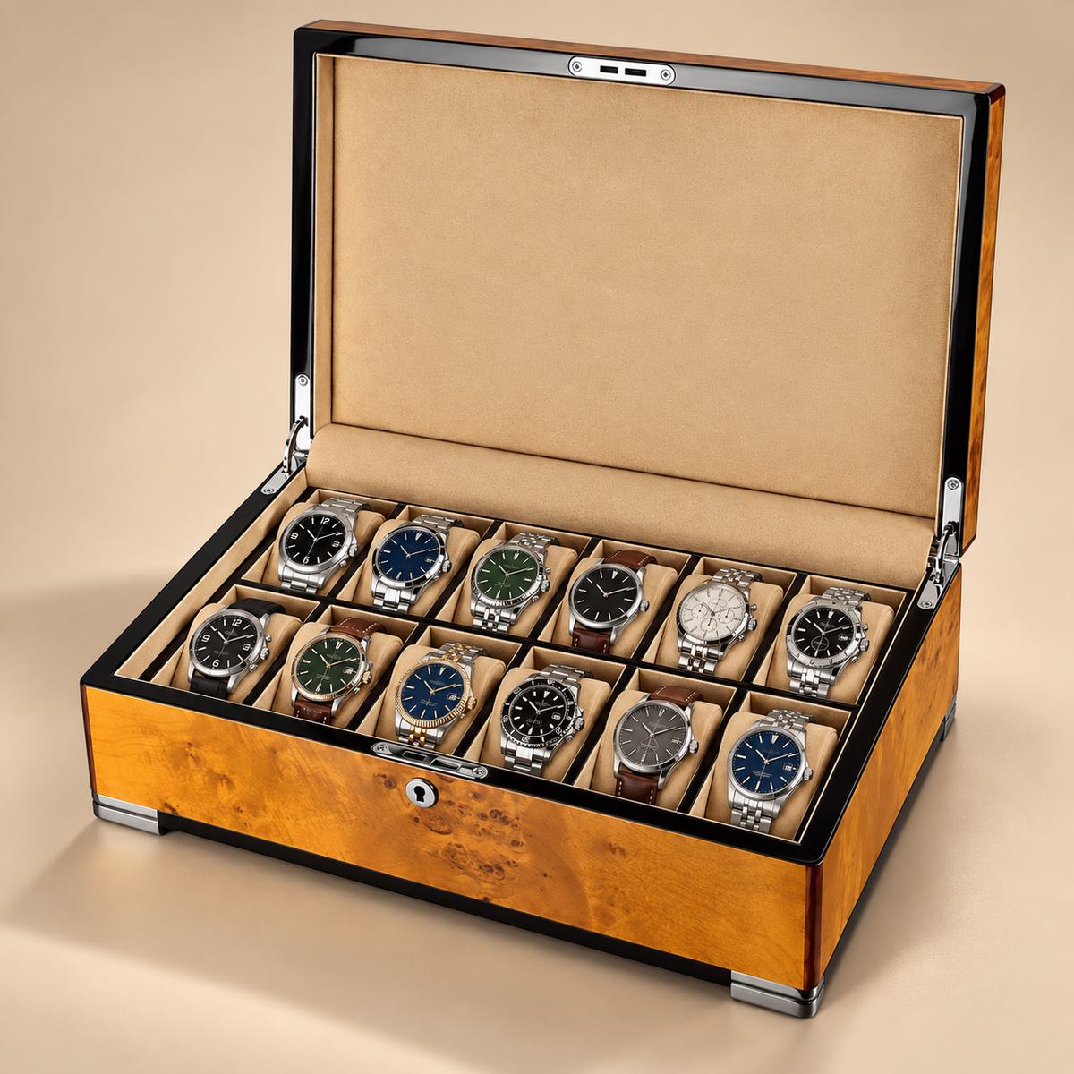 Boîte à montre en bois doré 12 montres finition laque piano – vue 2