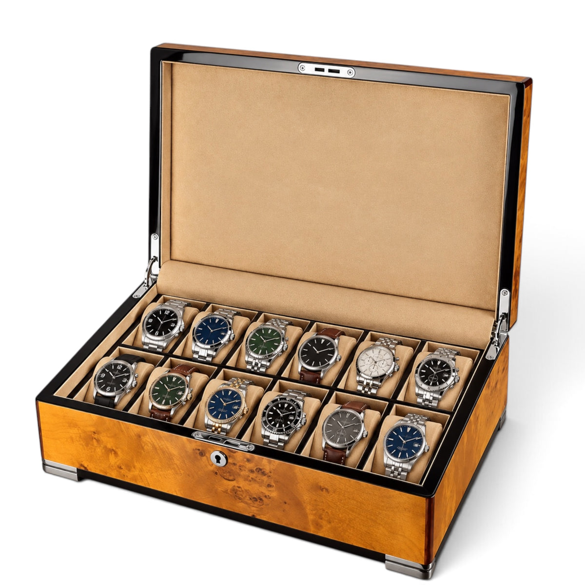Boîte à montre en bois doré 12 montres finition laque piano – BEN & CO