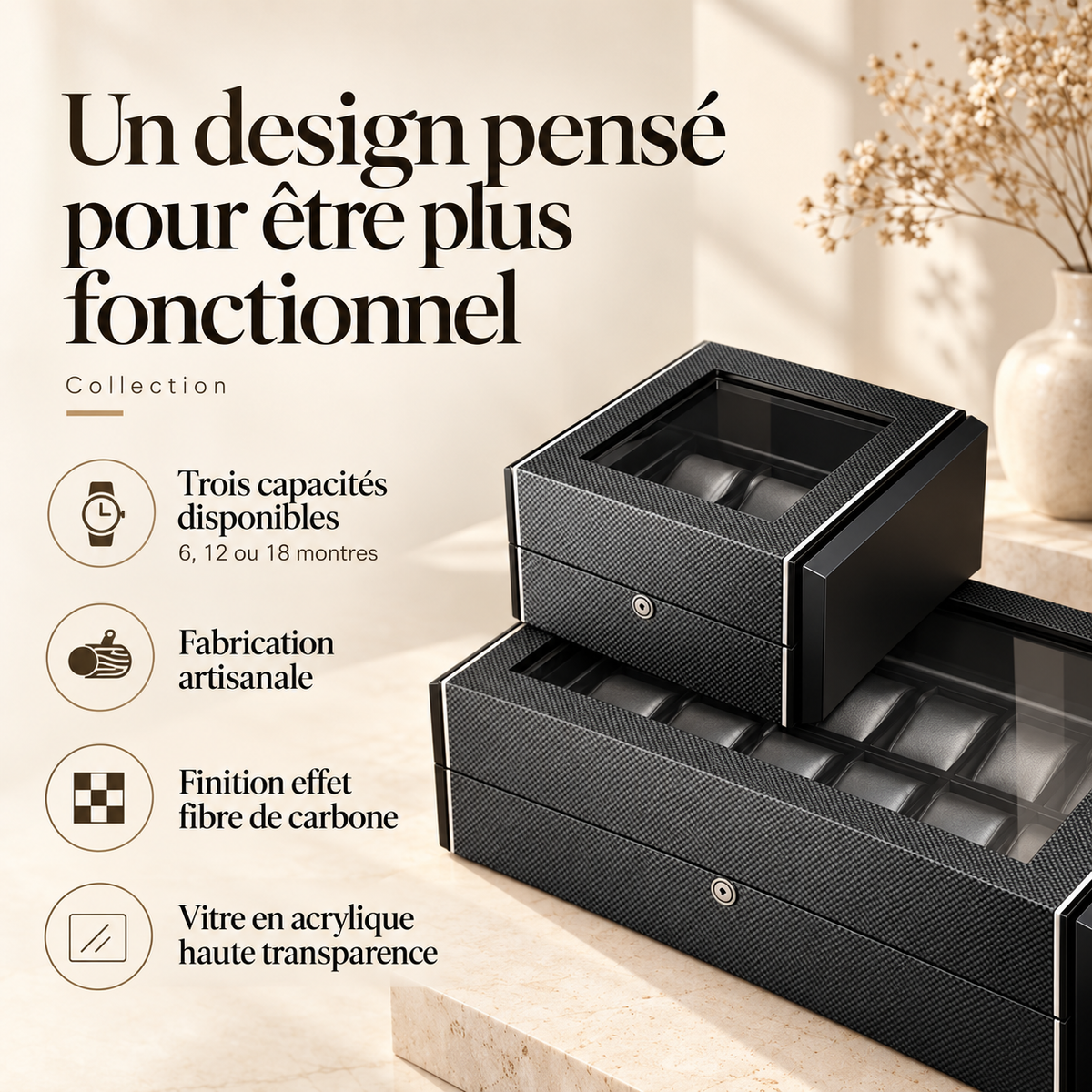 Boîte à Montres Finition Fibre de Carbone Noir - 18 Montres