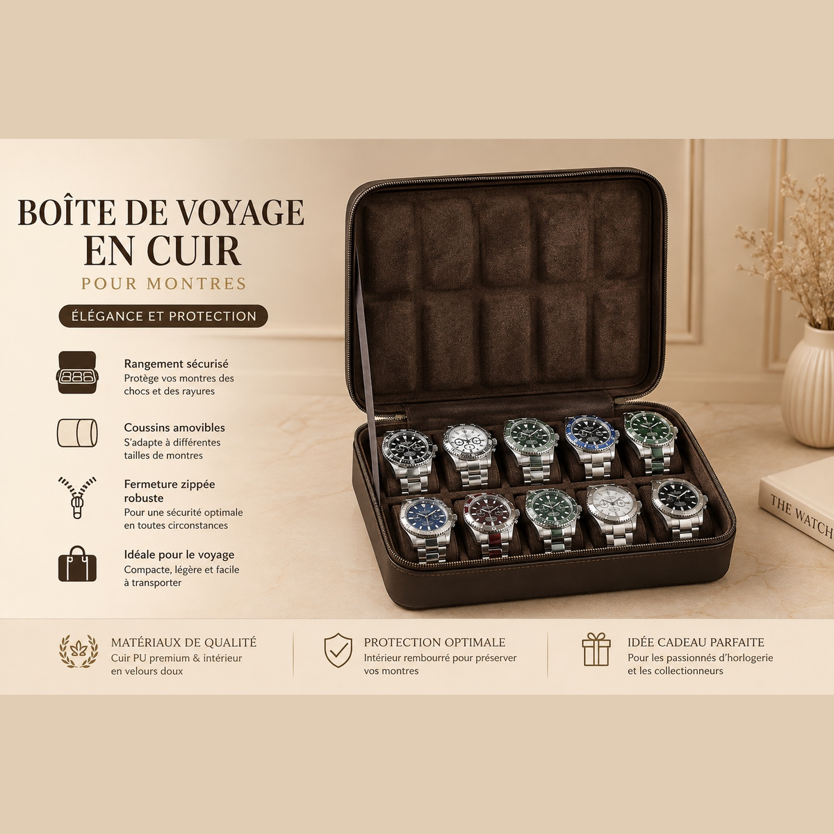 Infographie de l'étui de voyage en cuir : rangement sécurisé, coussins amovibles, fermeture zippée, avec 10 montres
